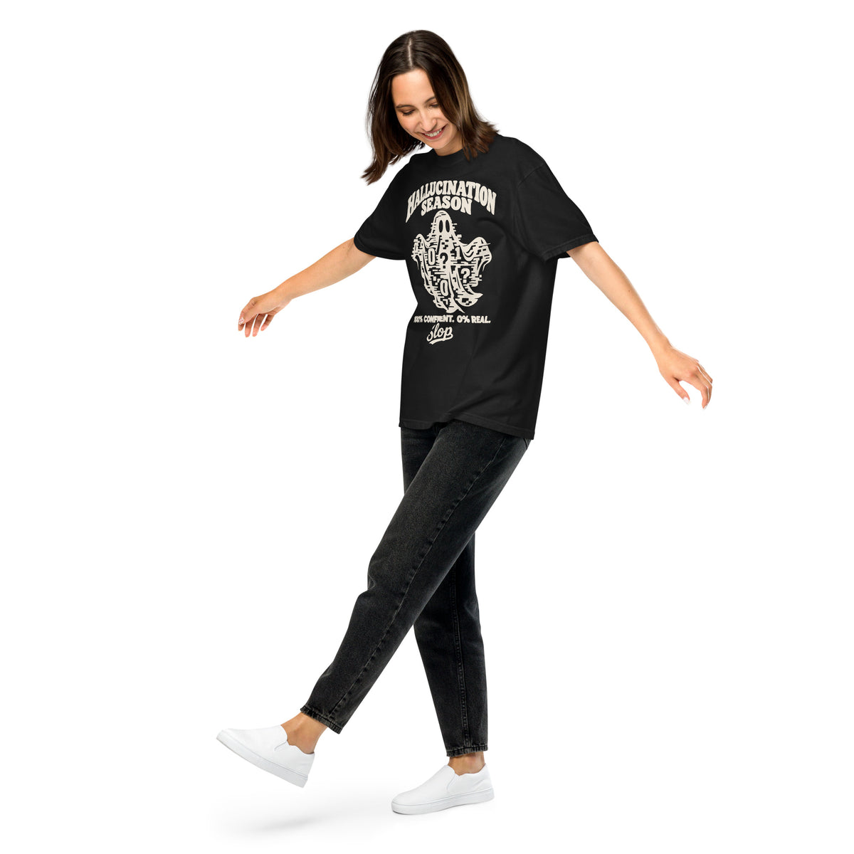 Hallucination Season Tee in Black, worn by a model