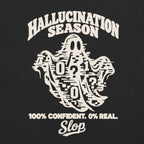 Hallucination Season Tee in Black, worn by a model