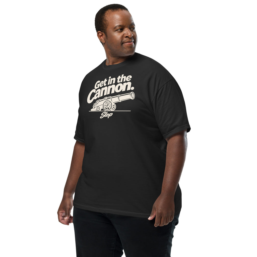 Man wearing the Get in the Cannon Tee in Black, three-quarter view