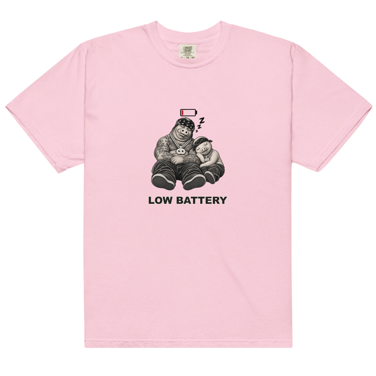 Low Battery — Pig & Wiglet Heavyweight Tee in Blossom, front view