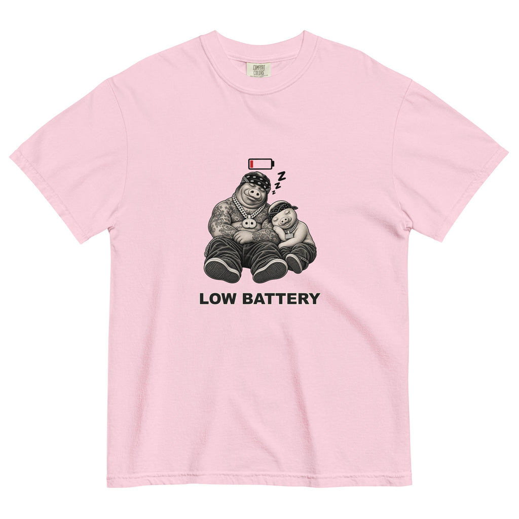 Low Battery — Pig & Wiglet Heavyweight Tee in Blossom, front view
