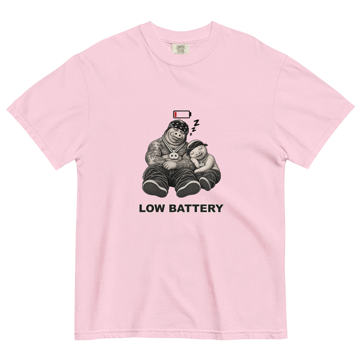 Low Battery — Pig & Wiglet Heavyweight Tee in Blossom, front view