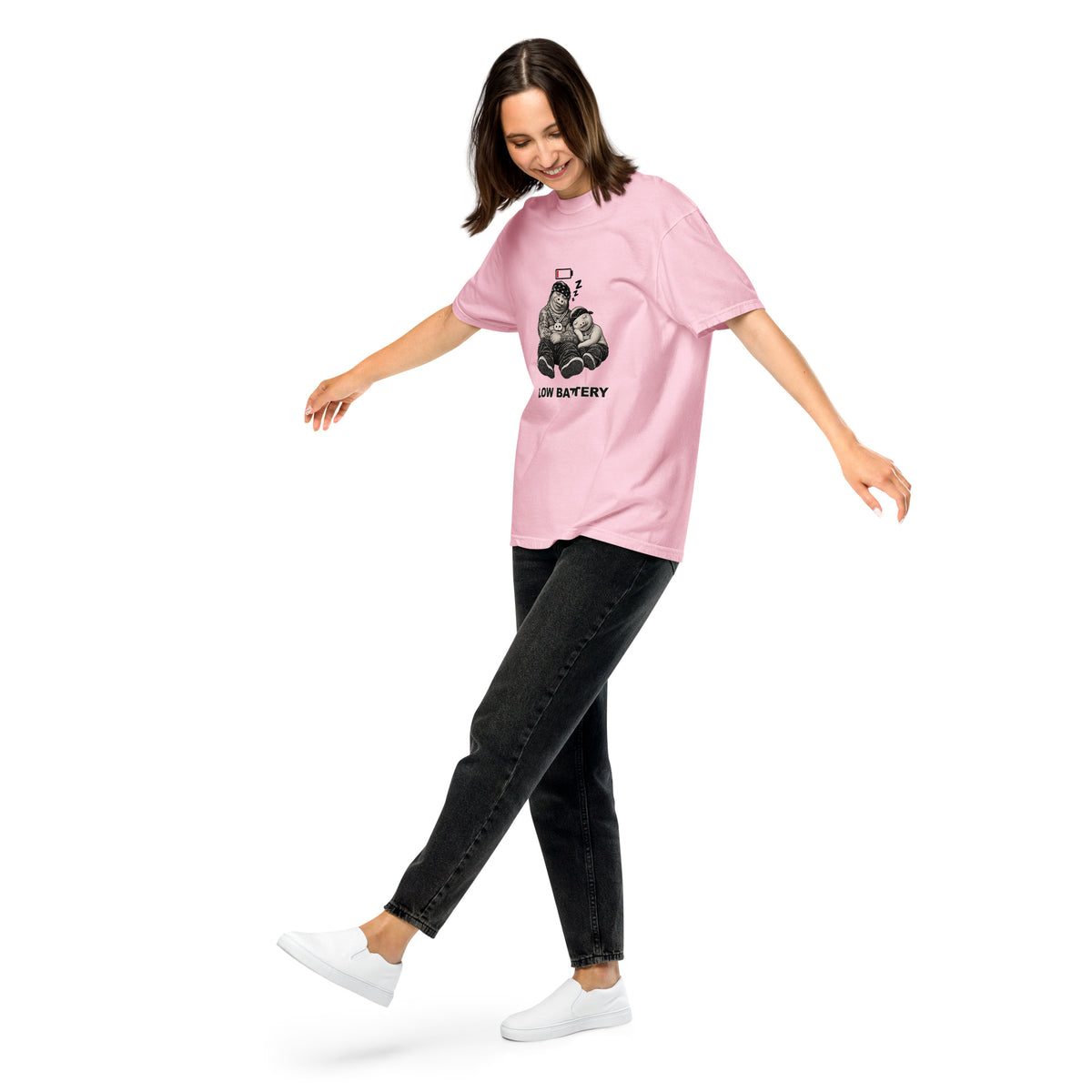 Low Battery — Pig & Wiglet Heavyweight Tee in Blossom, front view