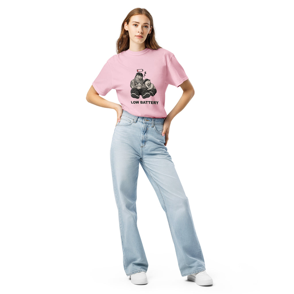 Low Battery — Pig & Wiglet Heavyweight Tee in Blossom, front view