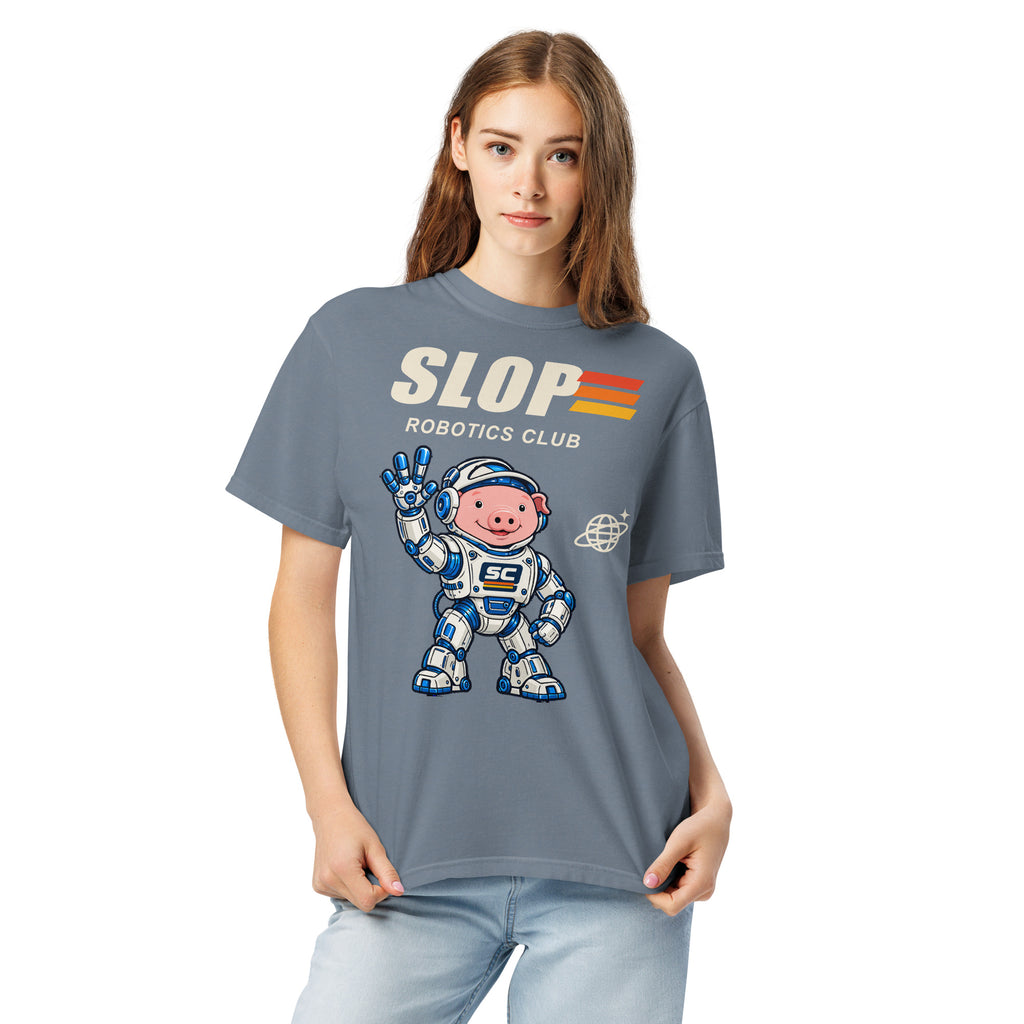 Woman wearing the Robotics Club Tee in Blue Jean