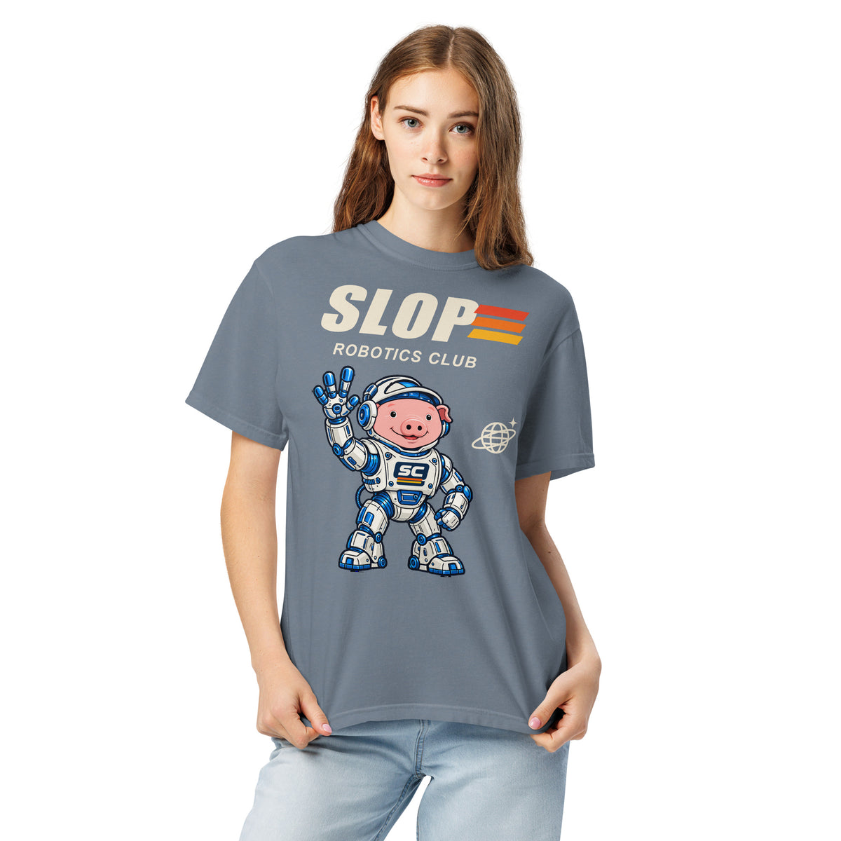 Woman wearing the Robotics Club Tee in Blue Jean