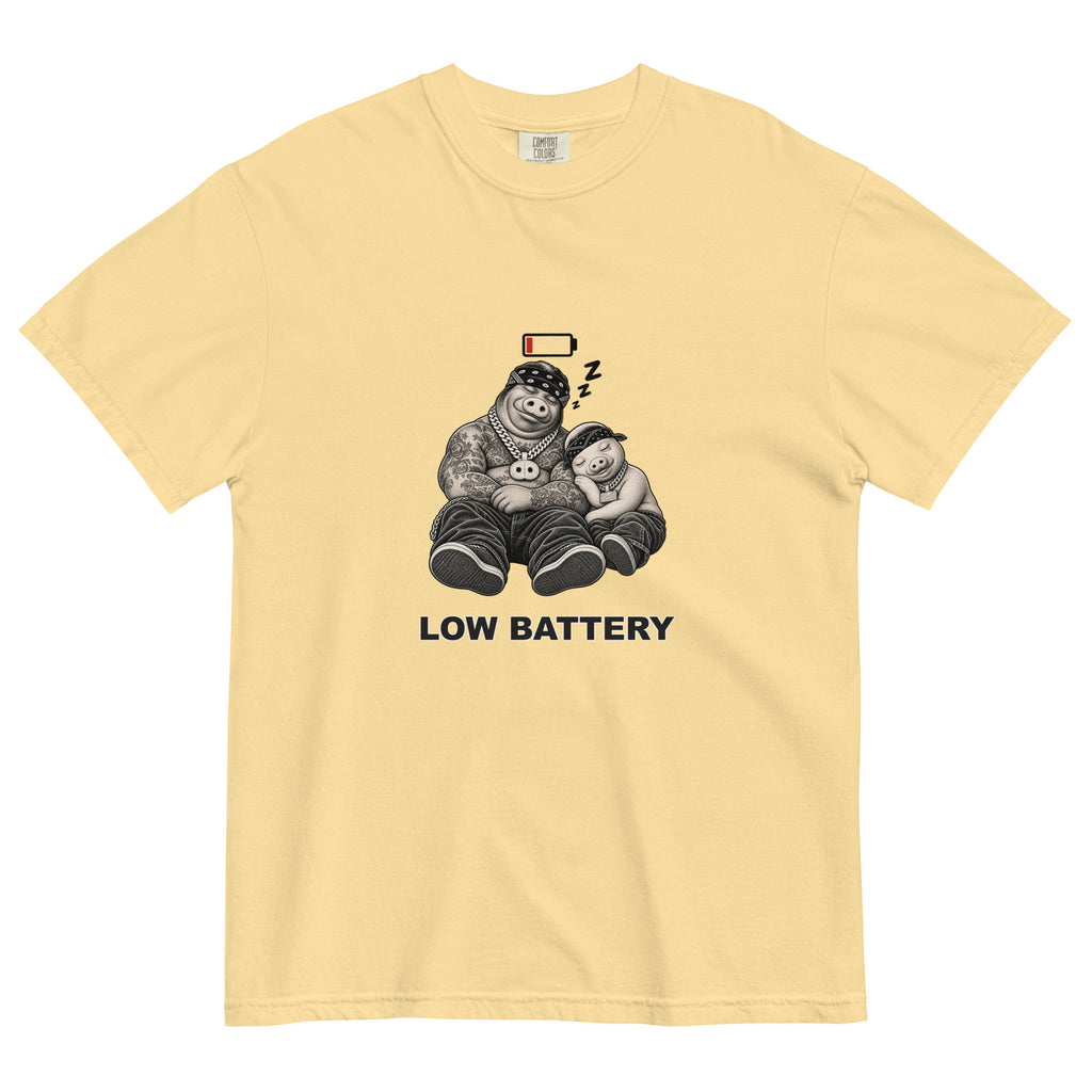 Low Battery — Pig & Wiglet Heavyweight Tee in Butter, front view