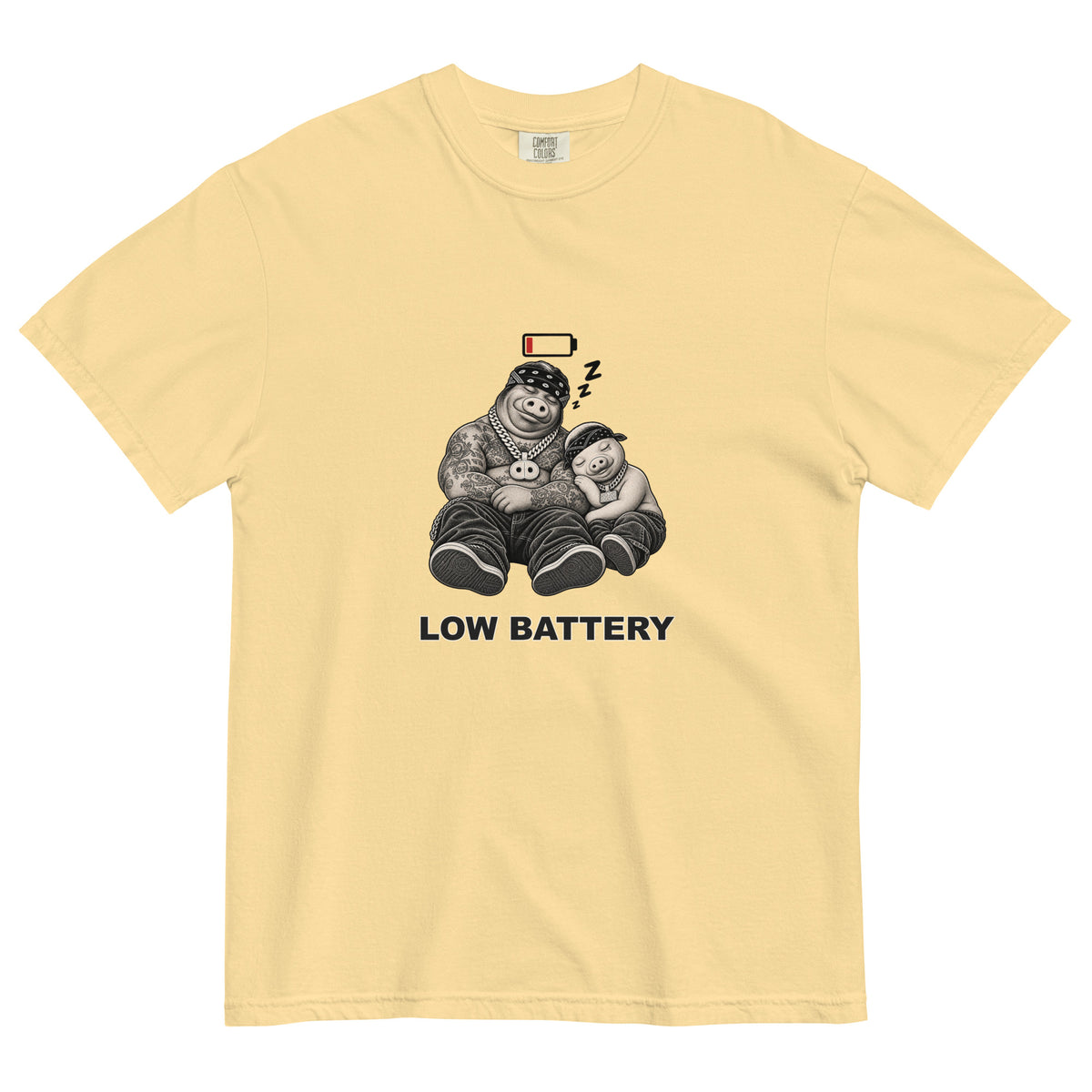 Low Battery — Pig & Wiglet Heavyweight Tee in Butter, front view
