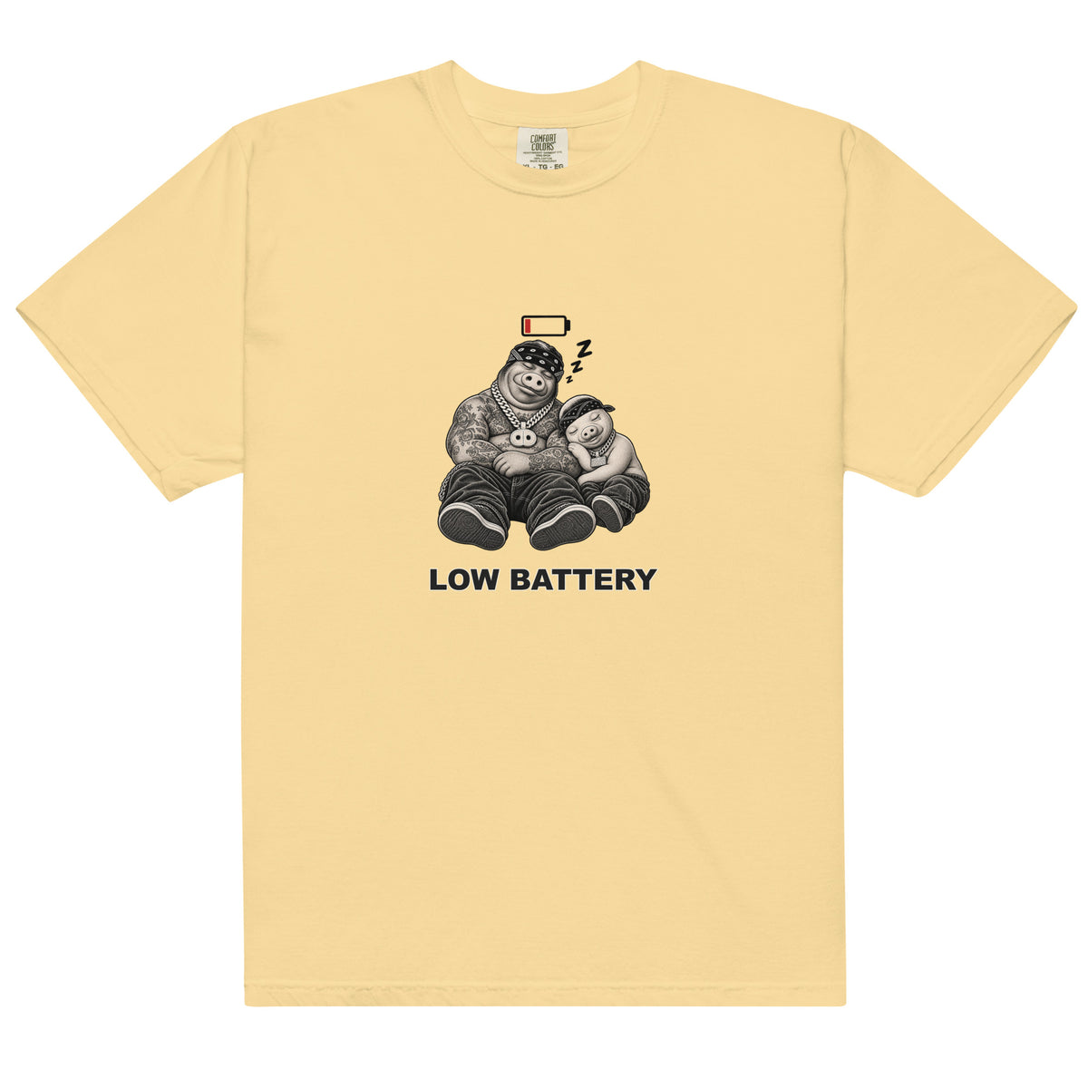 Low Battery — Pig & Wiglet Heavyweight Tee in Butter, front view