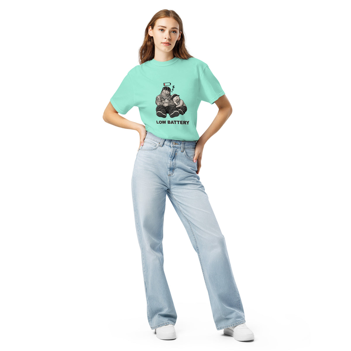 Low Battery — Pig & Wiglet Heavyweight Tee in Chalky Mint, front view