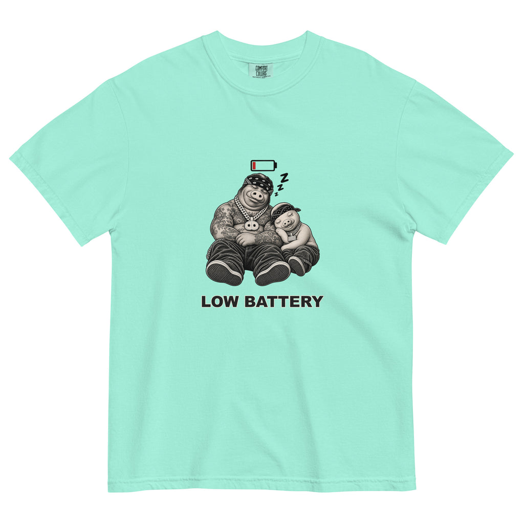 Low Battery — Pig & Wiglet Heavyweight Tee in Chalky Mint, front view