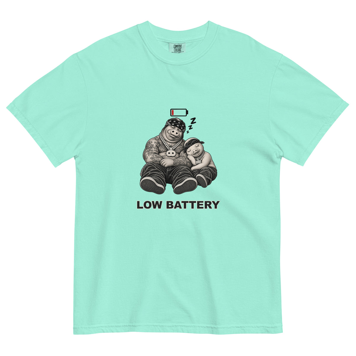 Low Battery — Pig & Wiglet Heavyweight Tee in Chalky Mint, front view