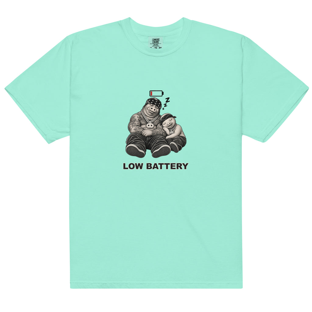 Low Battery — Pig & Wiglet Heavyweight Tee in Chalky Mint, front view