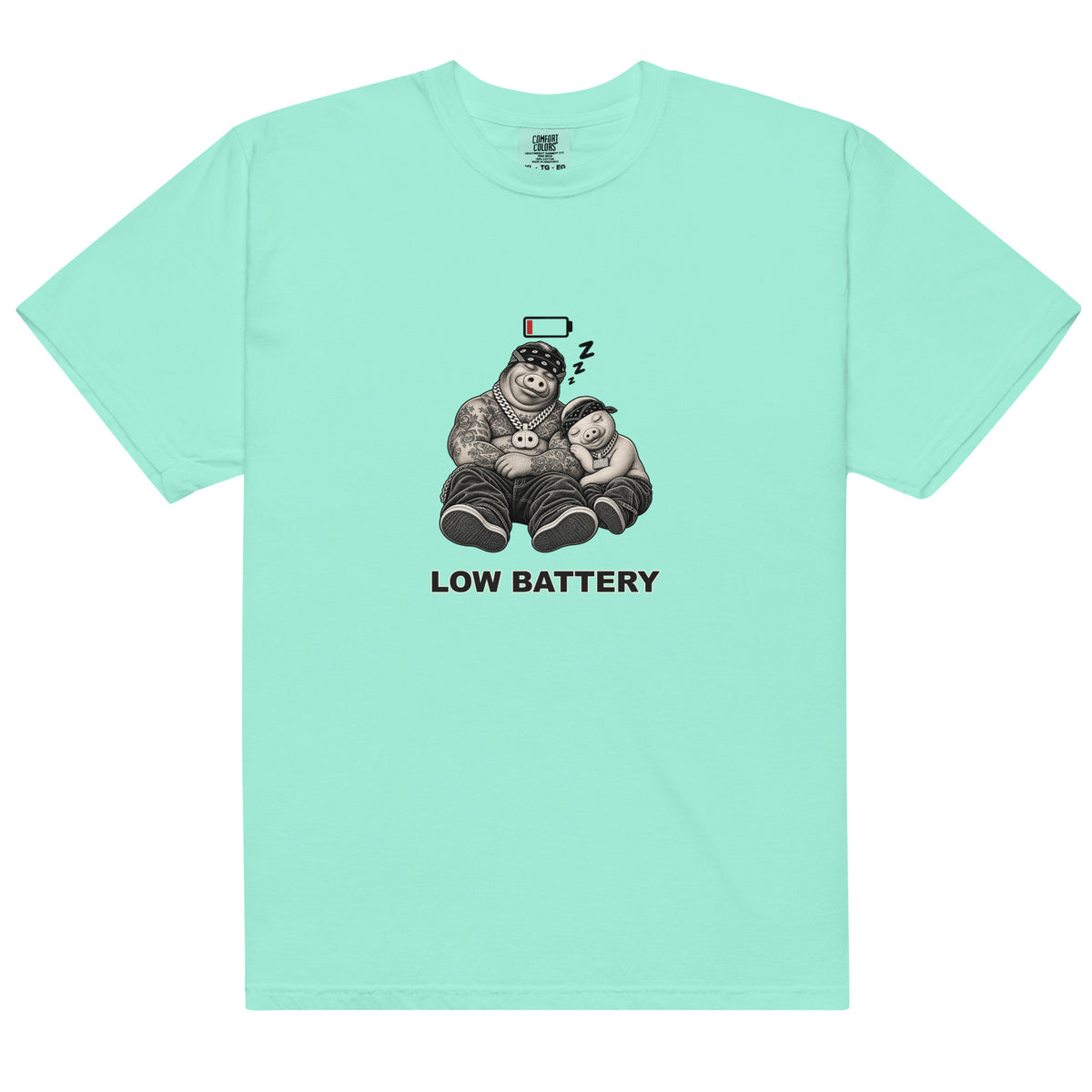 Low Battery — Pig & Wiglet Heavyweight Tee in Chalky Mint, front view
