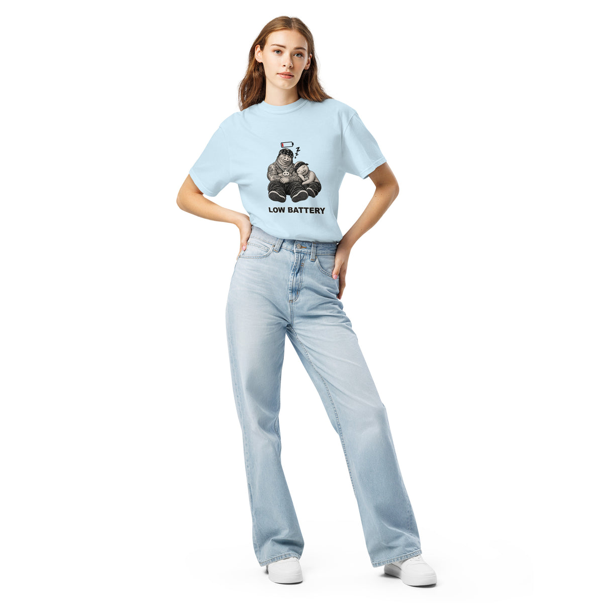 Low Battery — Pig & Wiglet Heavyweight Tee in Chambray, front view