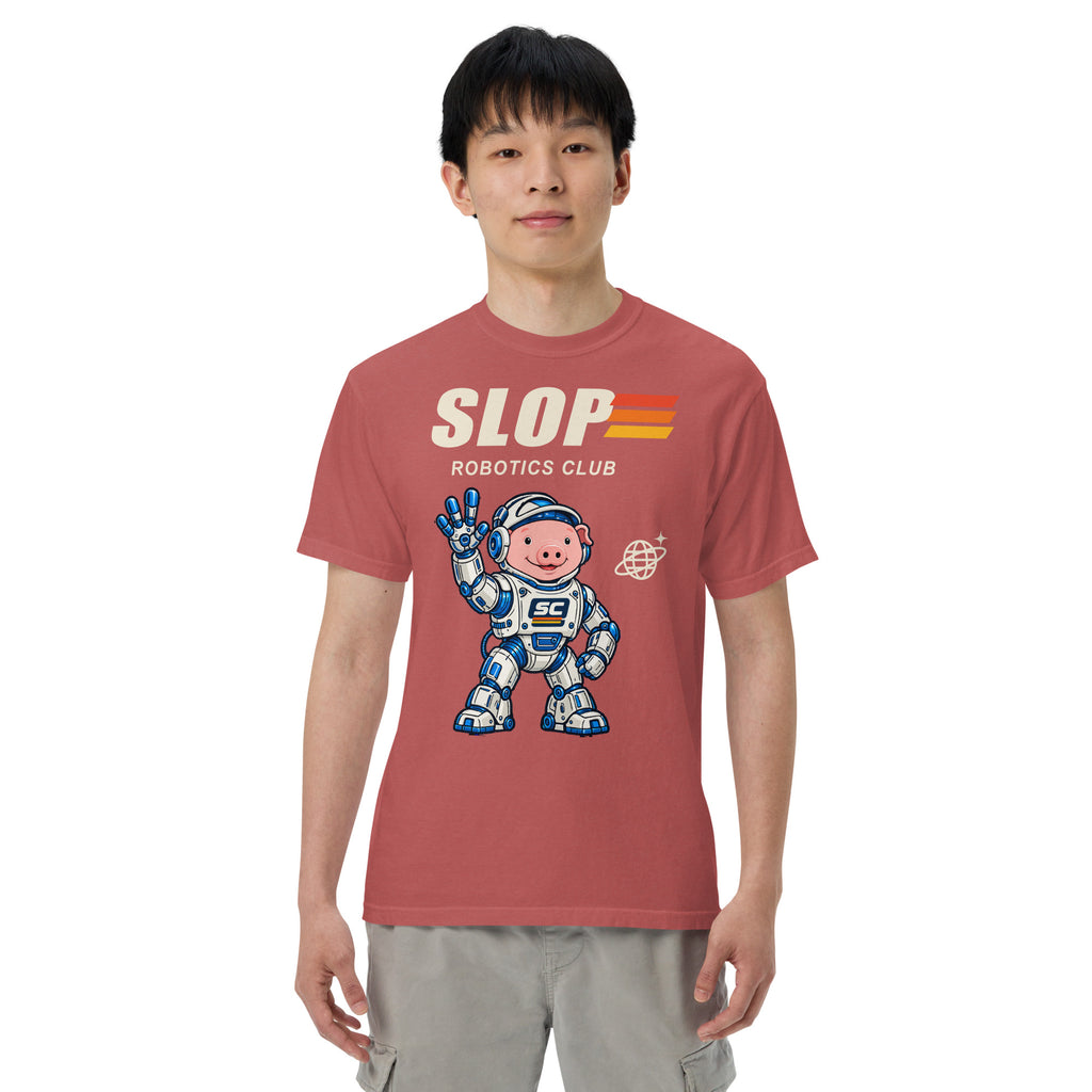 Man wearing the Robotics Club Tee in Crimson