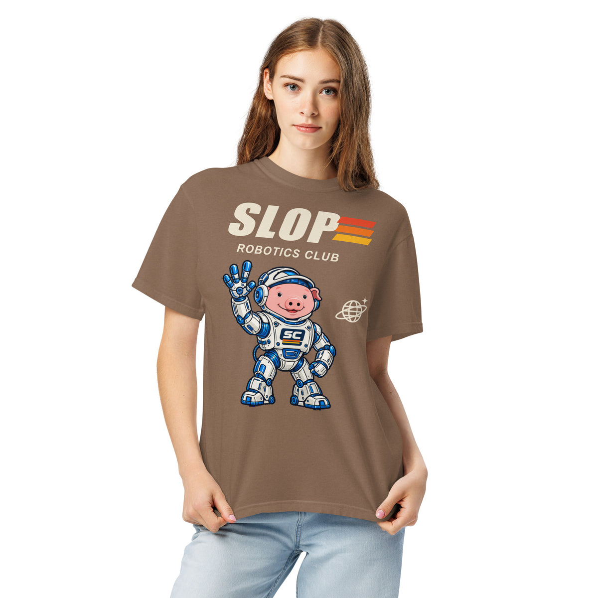 Woman wearing the Robotics Club Tee in Espresso