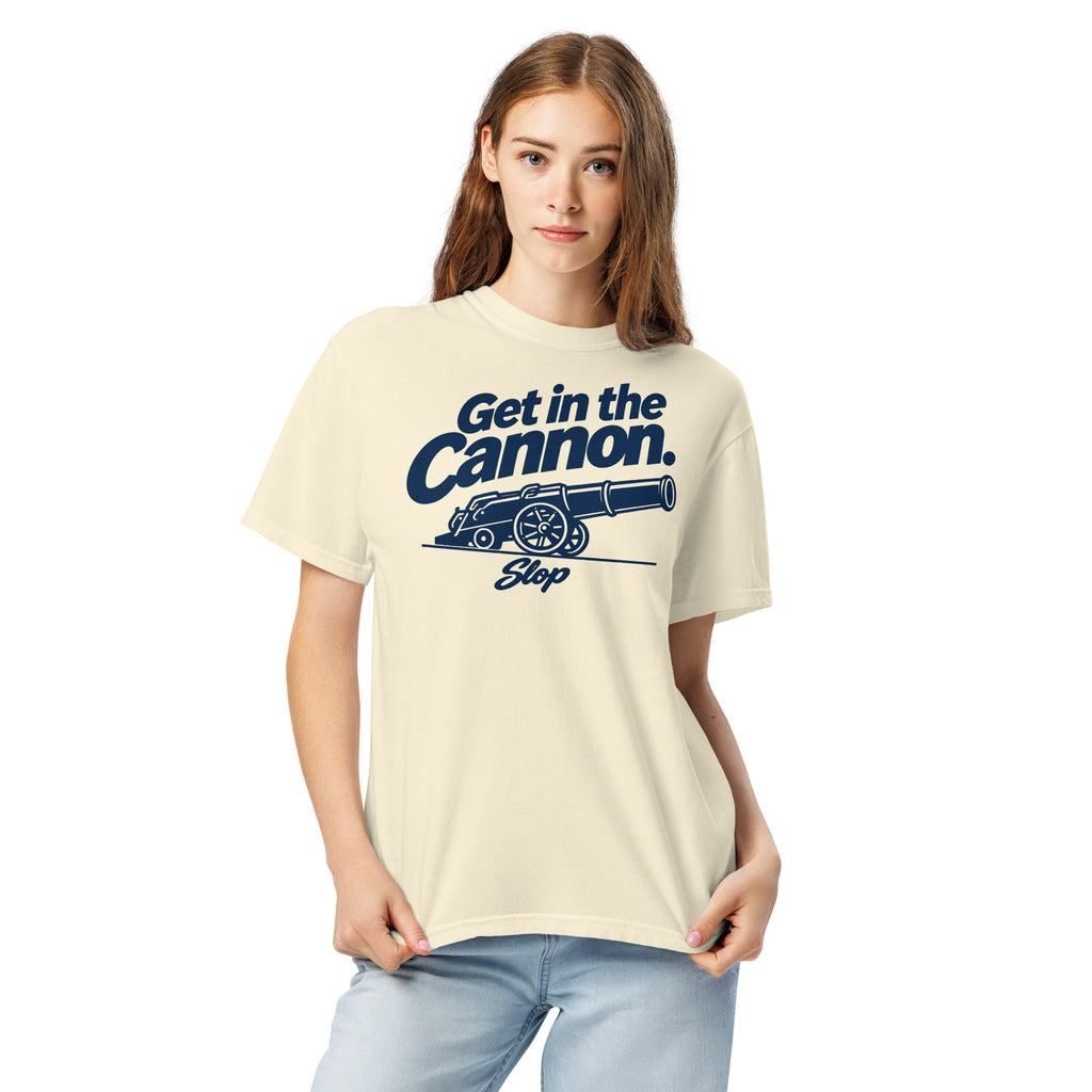 Woman wearing the Get in the Cannon Tee in Ivory