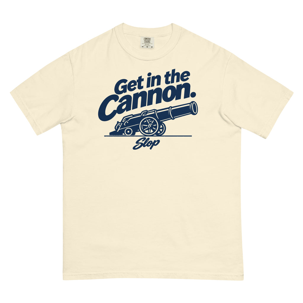 Get in the Cannon Tee in Ivory, front view with navy graphic