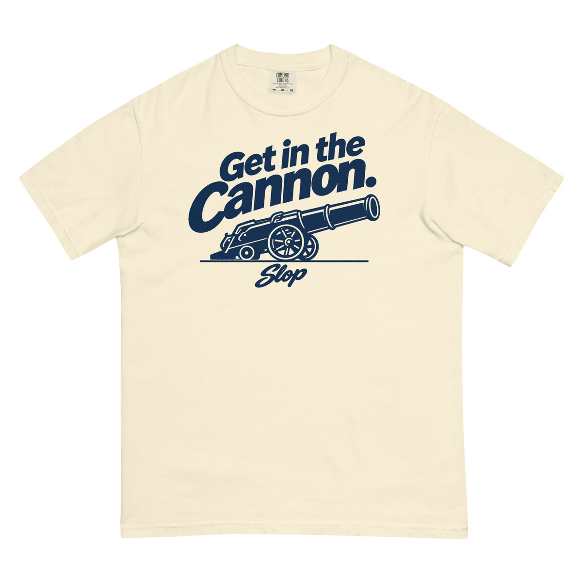 Get in the Cannon Tee in Ivory, front view with navy graphic