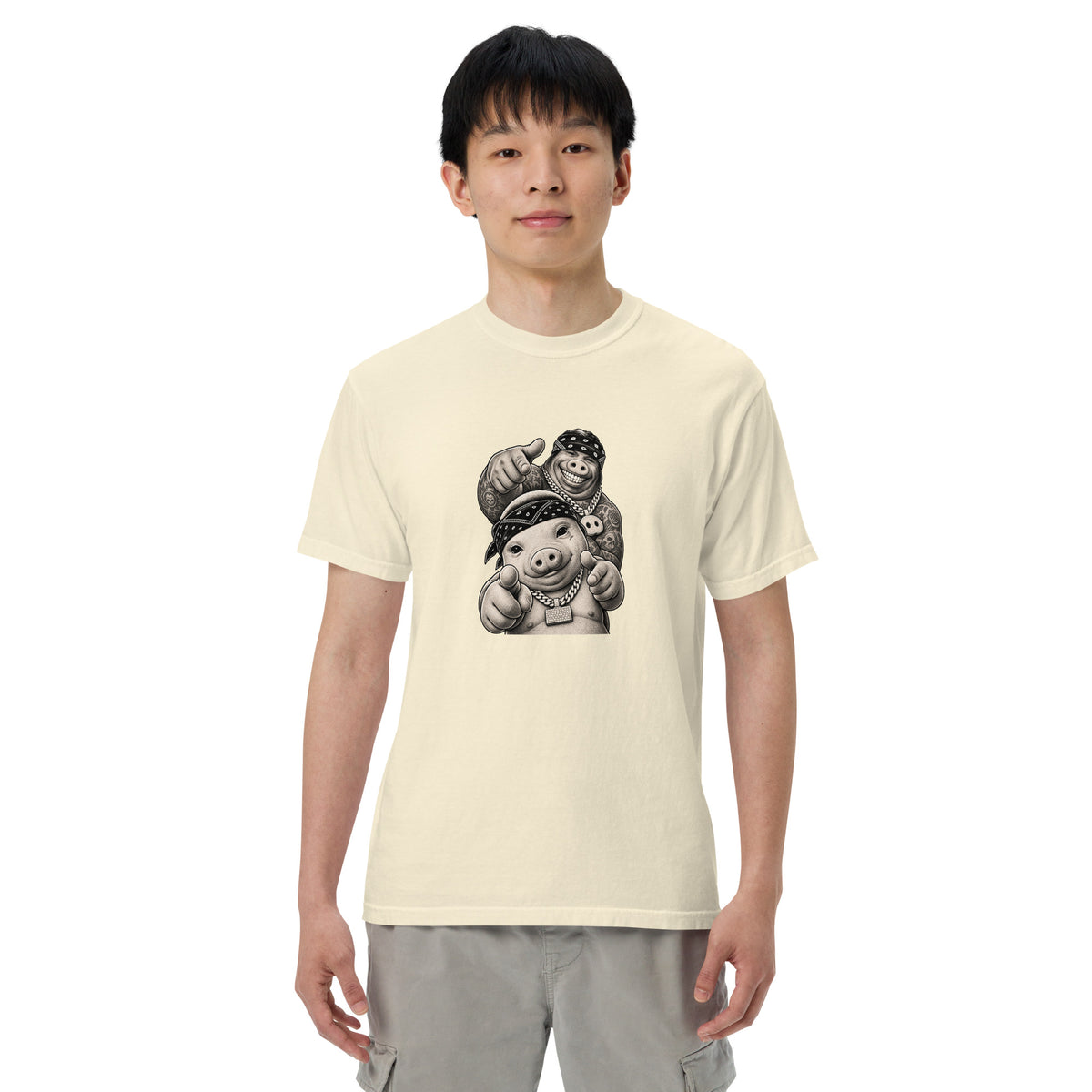 Pig & Wiglet Heavyweight Tee — Ivory — garment-only flat front, alternate angle, no-text artwork