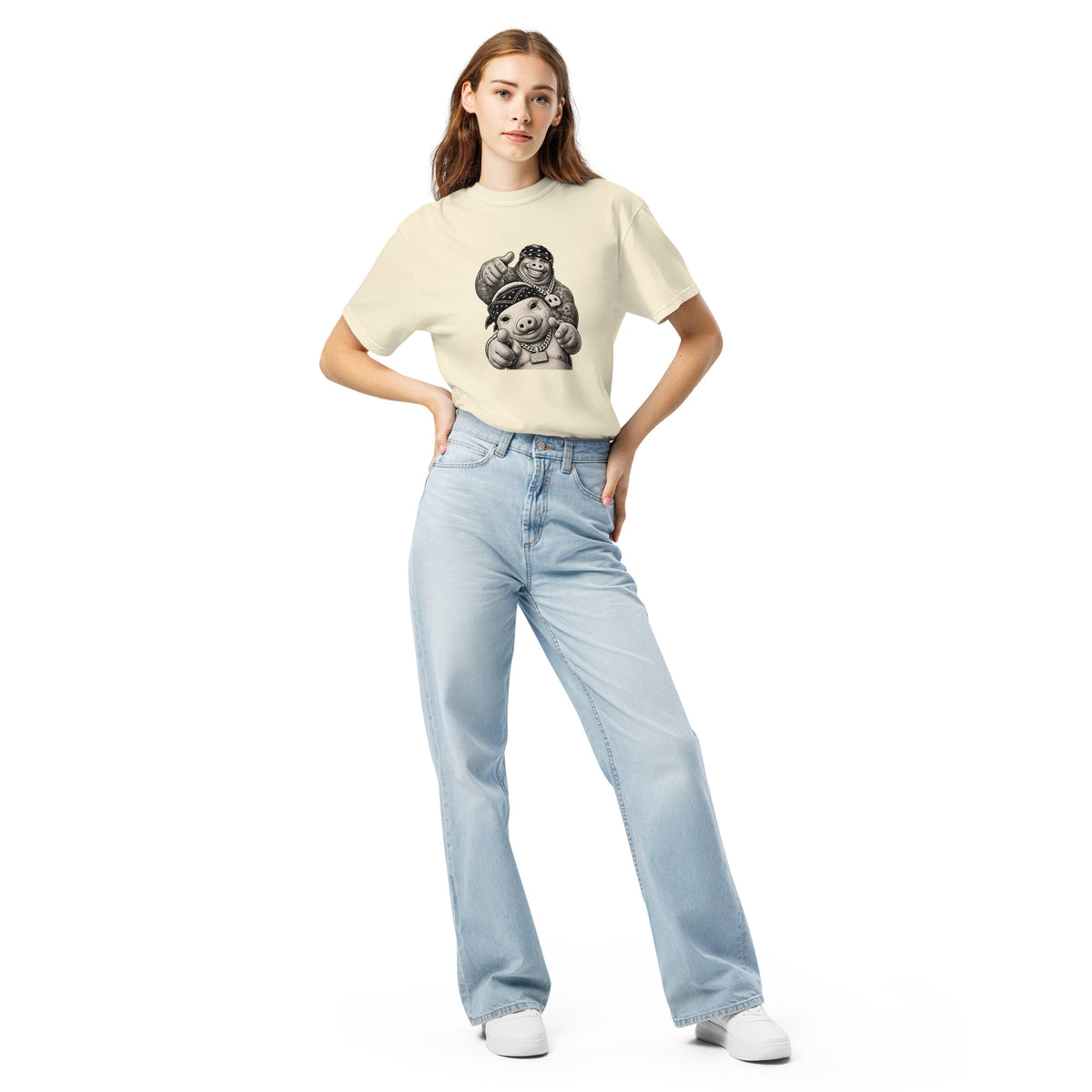 Pig & Wiglet Heavyweight Tee — Ivory — supplier model front, pose 4, no-text artwork