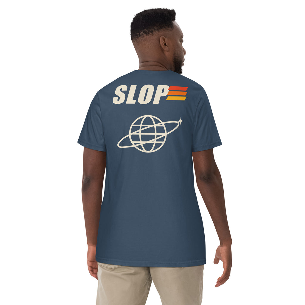 Man wearing the Robotics Club Tee in Midnight, back view showing the orbit-globe print