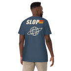 Man wearing the Robotics Club Tee in Midnight, back view showing the orbit-globe print