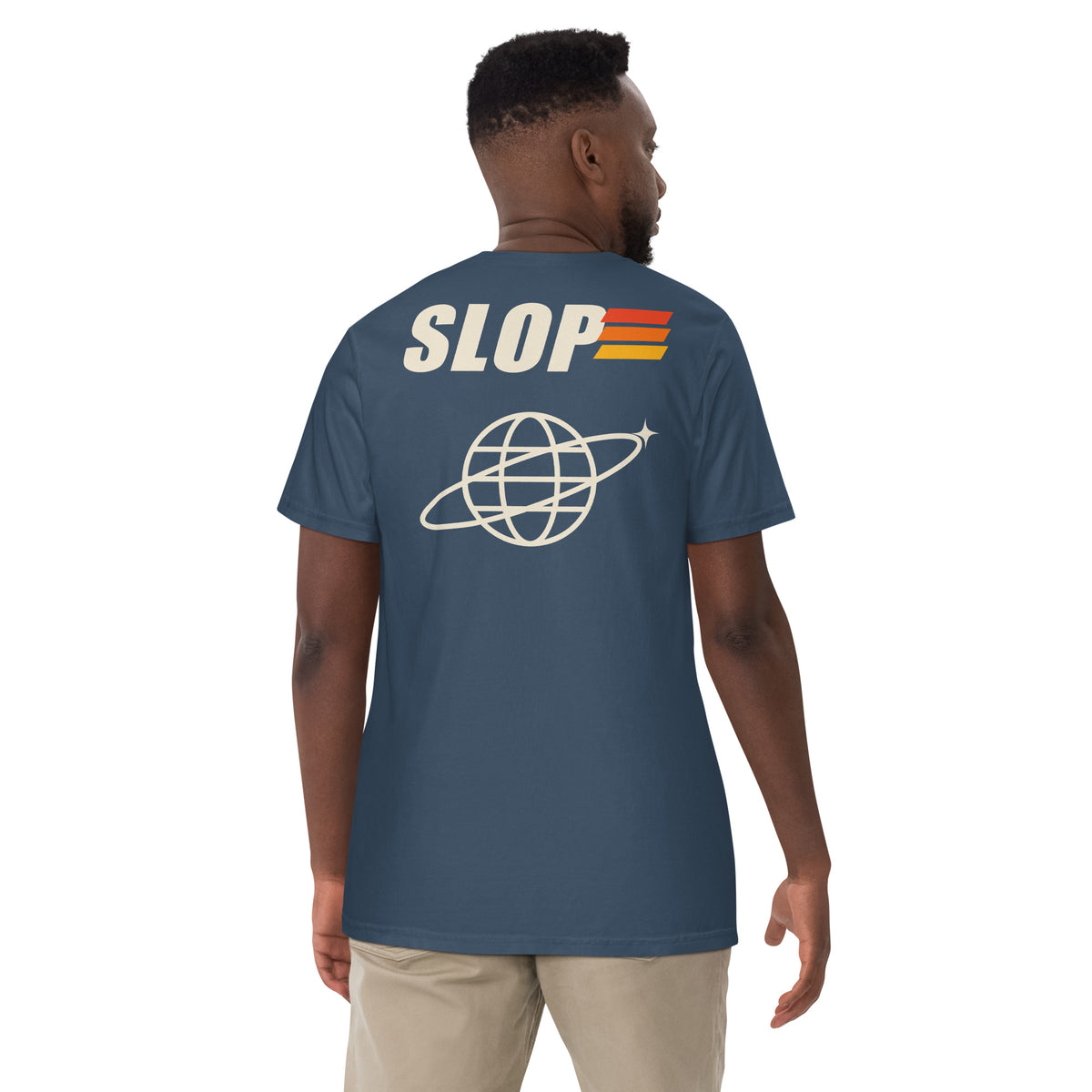 Man wearing the Robotics Club Tee in Midnight, back view showing the orbit-globe print
