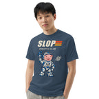 Man wearing the Robotics Club Tee in Midnight, close-up