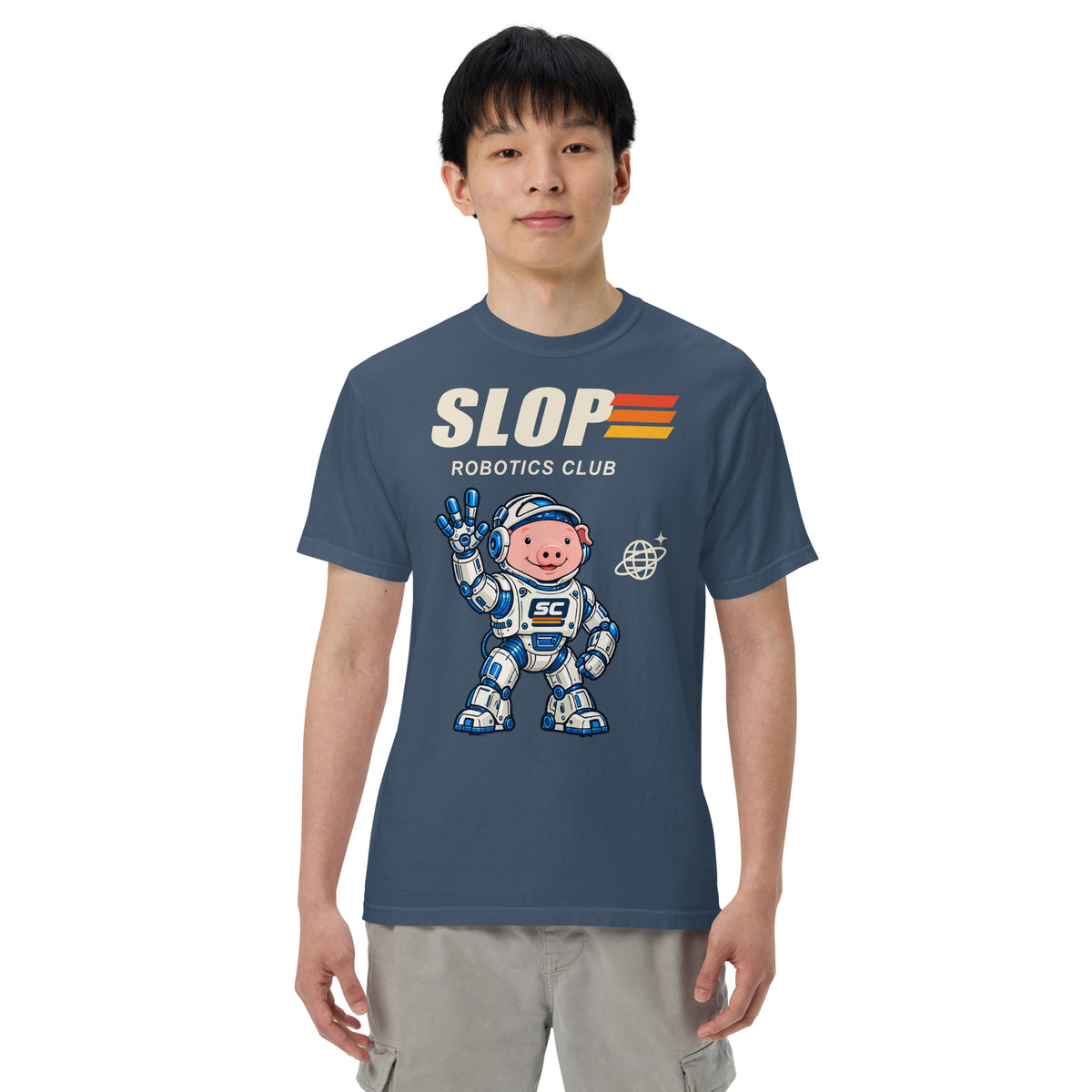 Man wearing the Robotics Club Tee in Midnight