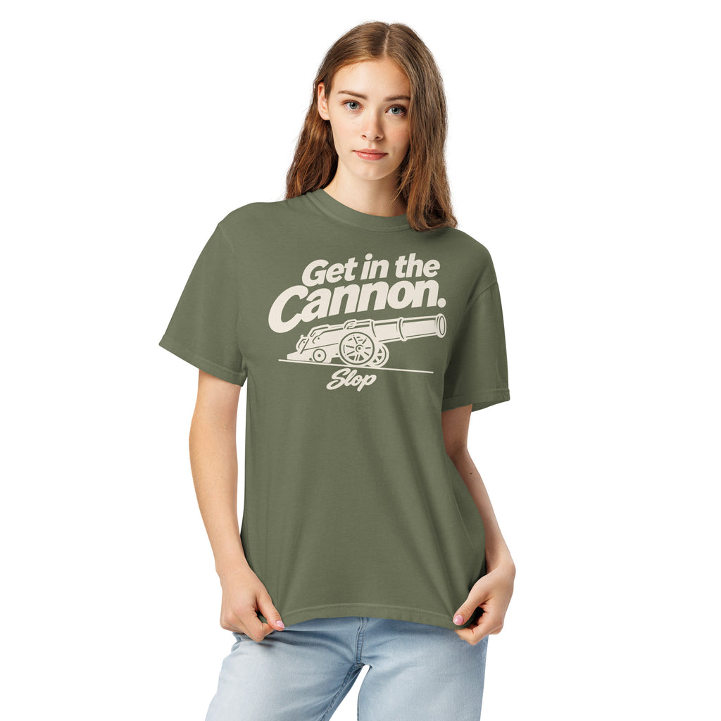 Woman wearing the Get in the Cannon Tee in Moss