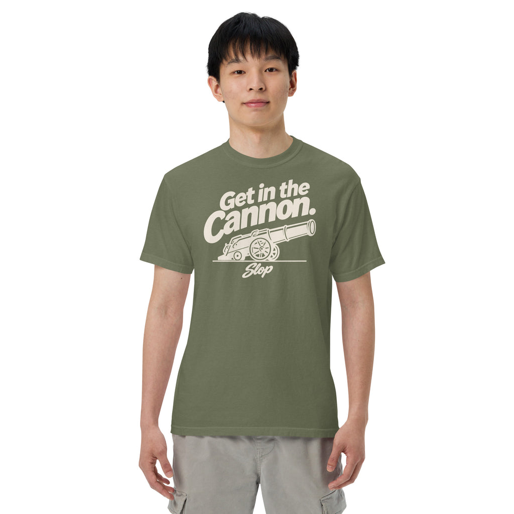 Man wearing the Get in the Cannon Tee in Moss