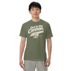 Man wearing the Get in the Cannon Tee in Moss