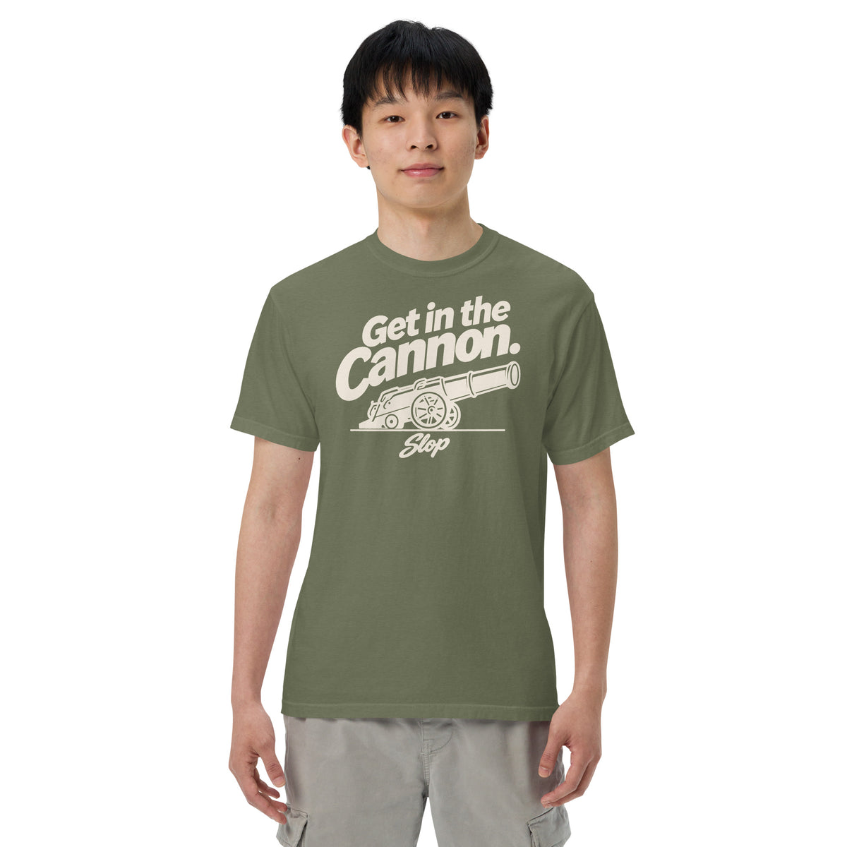 Man wearing the Get in the Cannon Tee in Moss