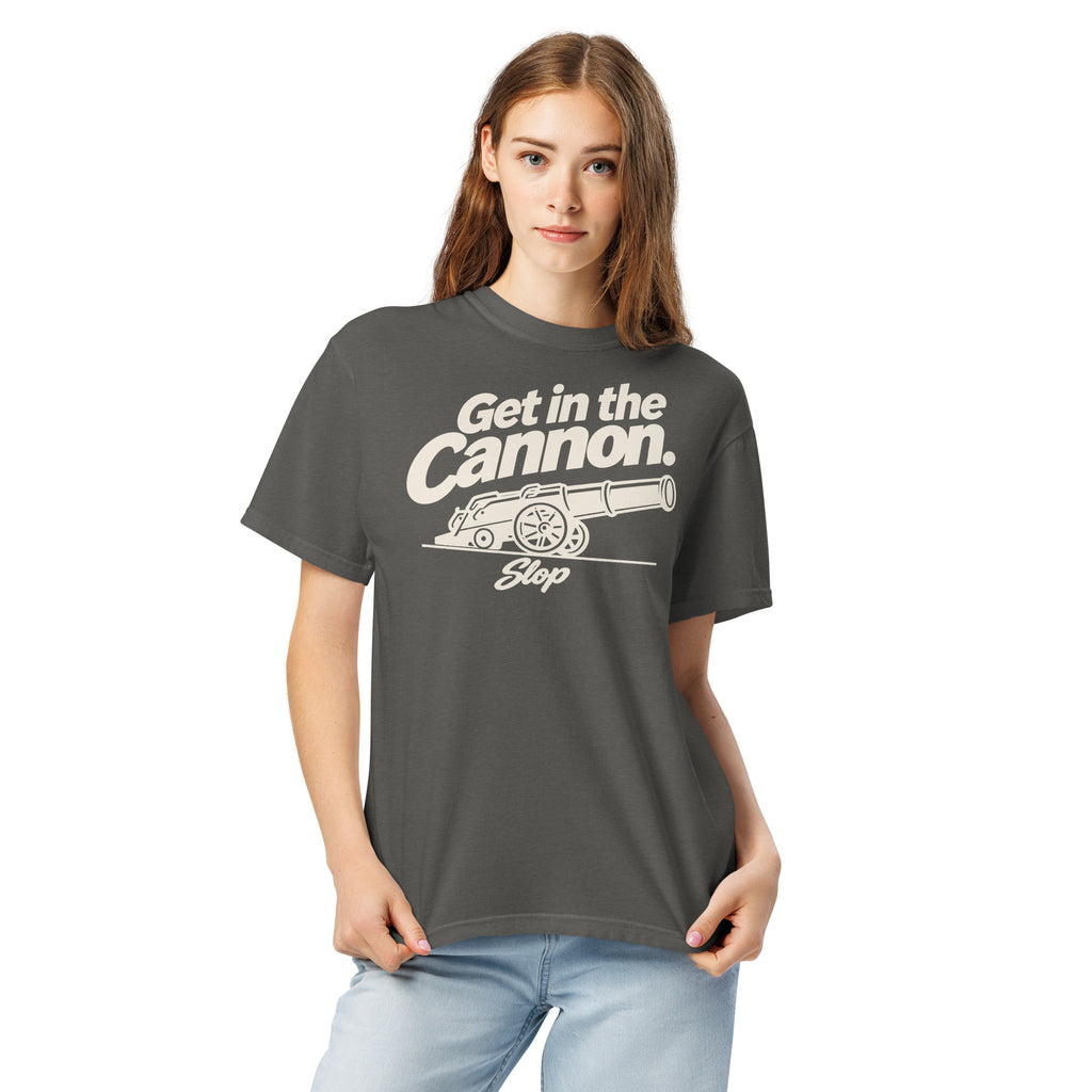 Woman wearing the Get in the Cannon Tee in Pepper