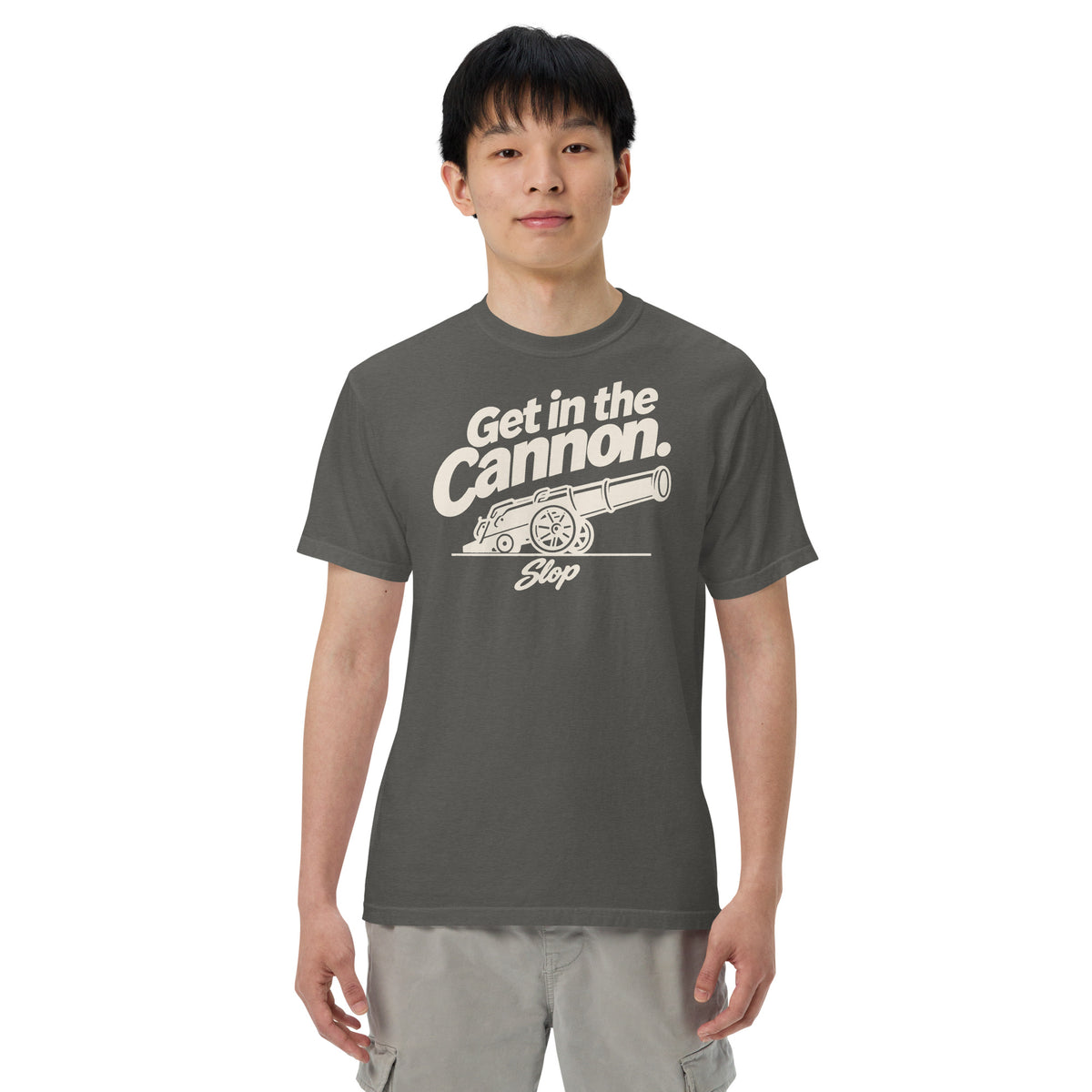 Man wearing the Get in the Cannon Tee in Pepper