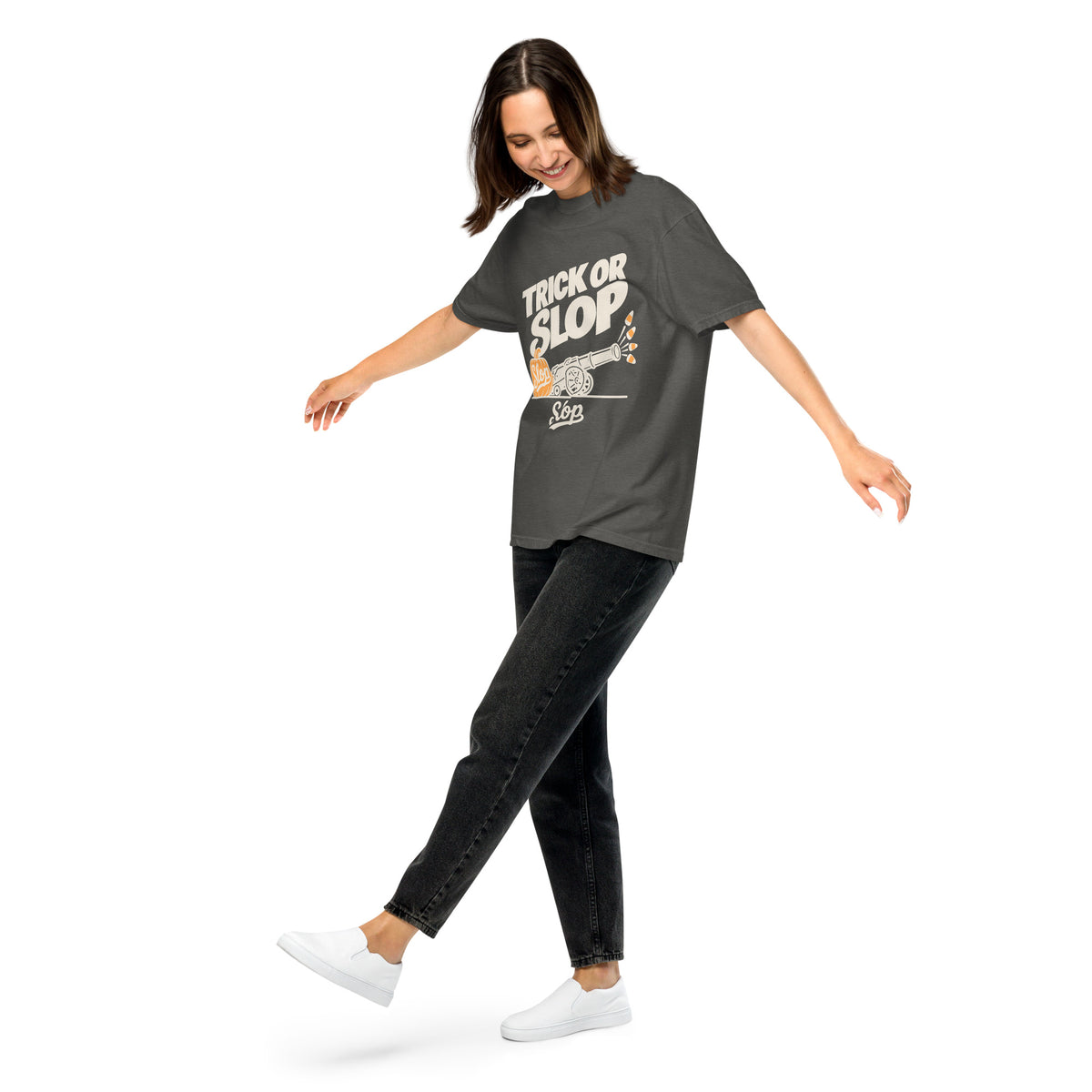 Trick or Slop Tee in Pepper, worn by a model