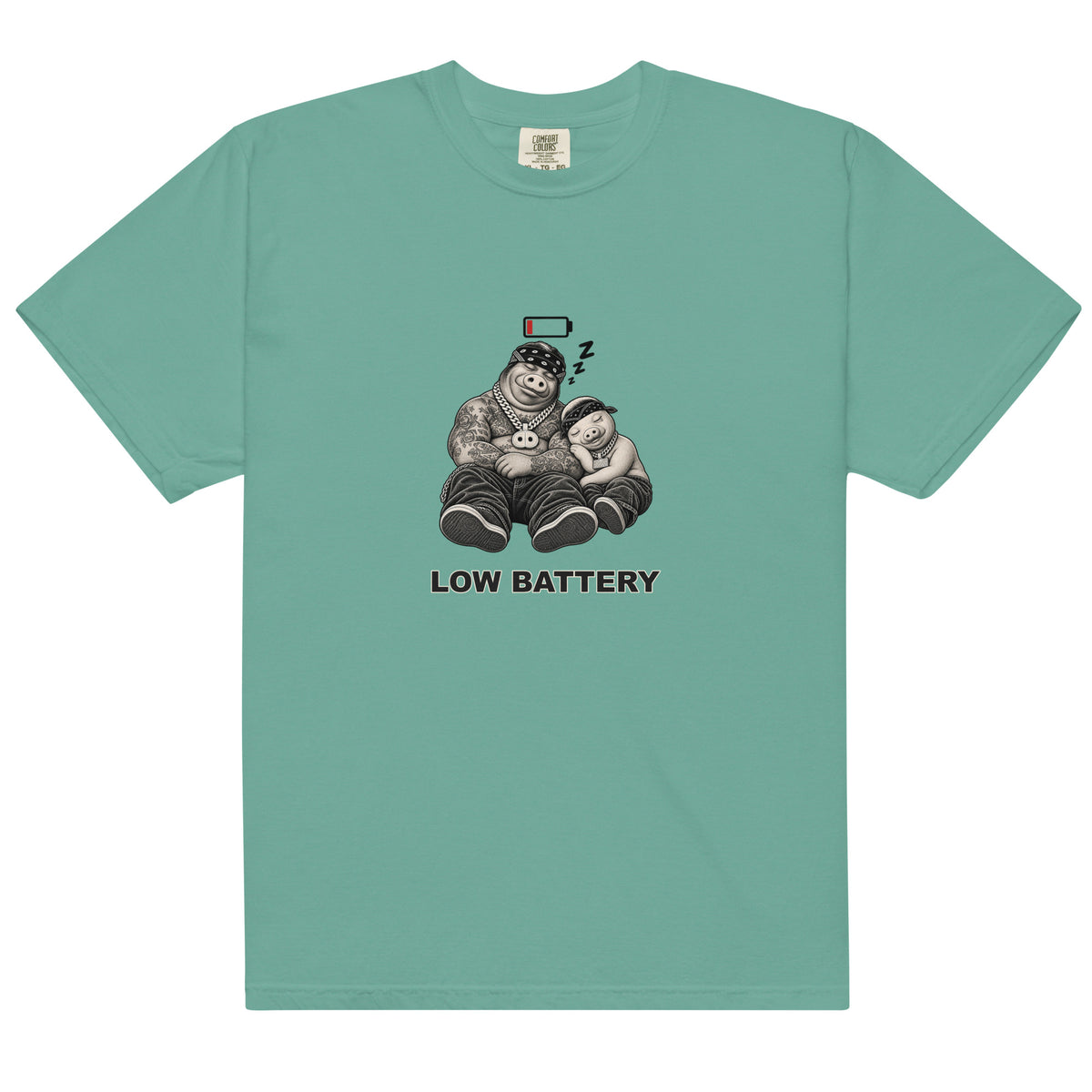 Low Battery — Pig & Wiglet Heavyweight Tee in Seafoam, front view