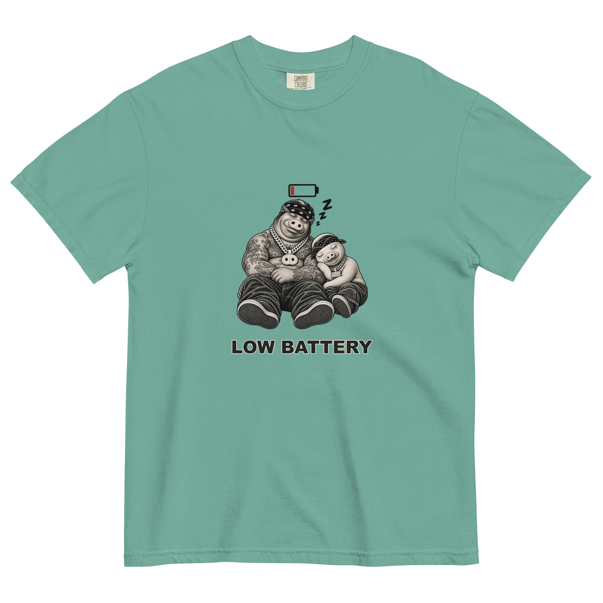 Low Battery — Pig & Wiglet Heavyweight Tee in Seafoam, front view