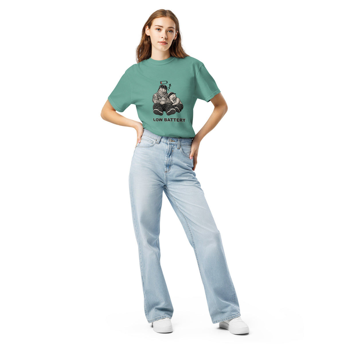 Low Battery — Pig & Wiglet Heavyweight Tee in Seafoam, front view