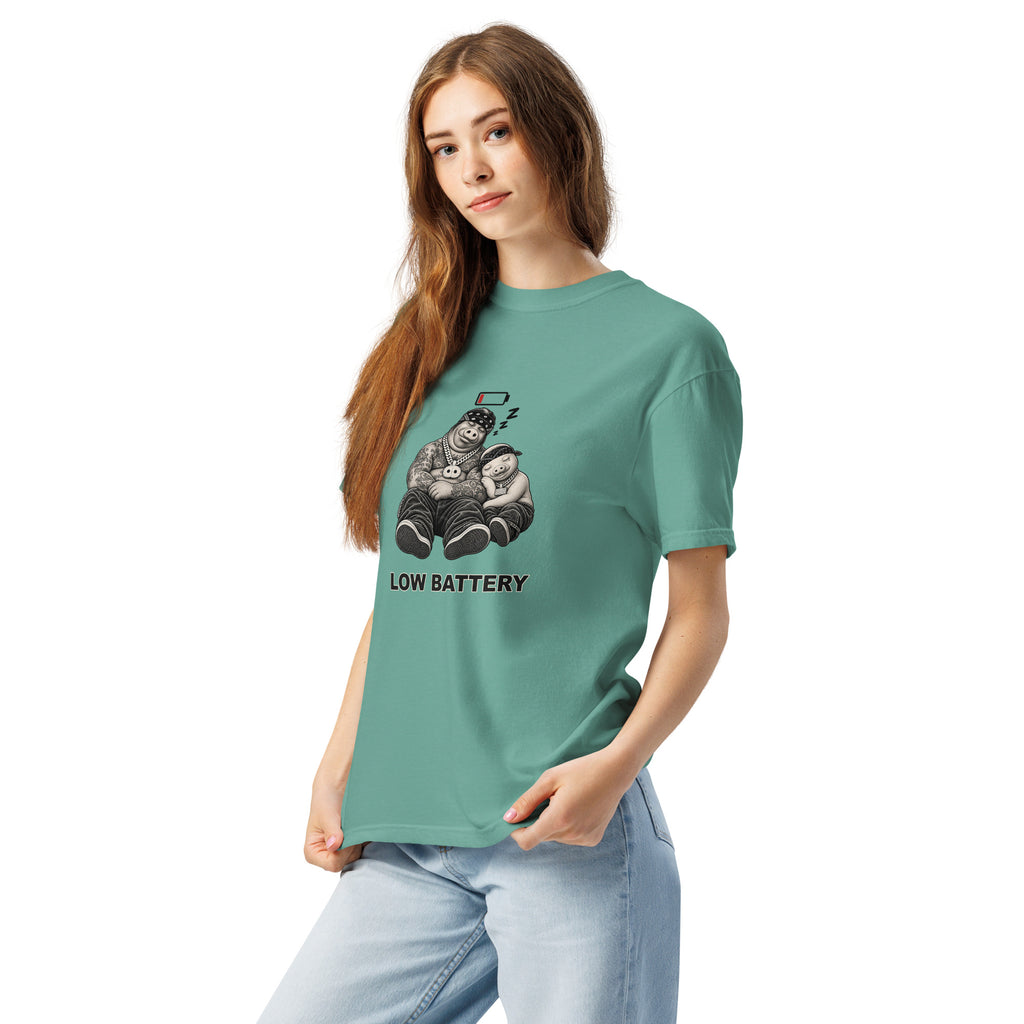 Low Battery — Pig & Wiglet Heavyweight Tee in Seafoam, left side