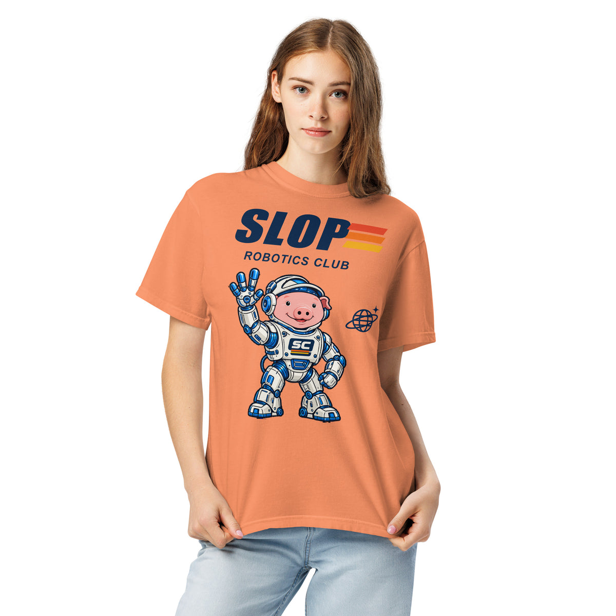 Woman wearing the Robotics Club Tee in Terracotta