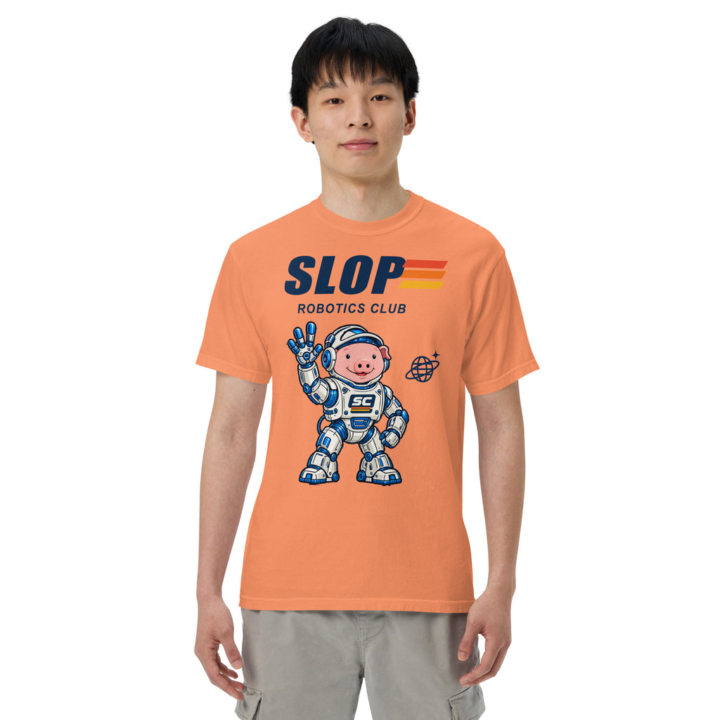 Man wearing the Robotics Club Tee in Terracotta