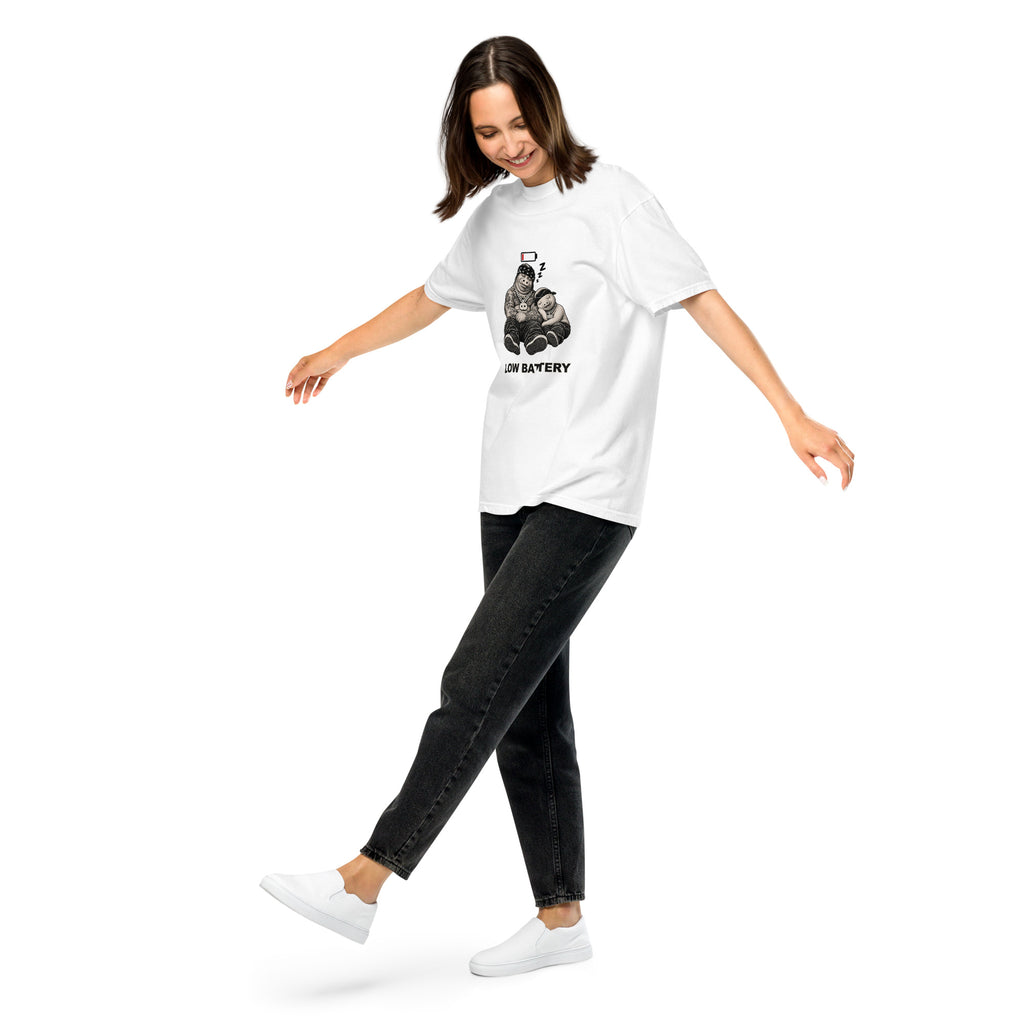 Low Battery — Pig & Wiglet Heavyweight Tee in White, front view