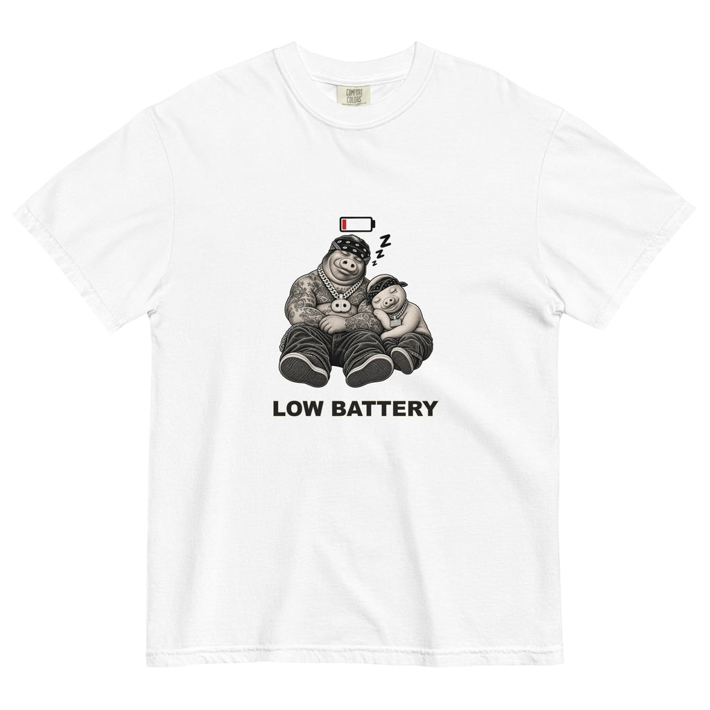 Low Battery — Pig & Wiglet Heavyweight Tee in White, front view