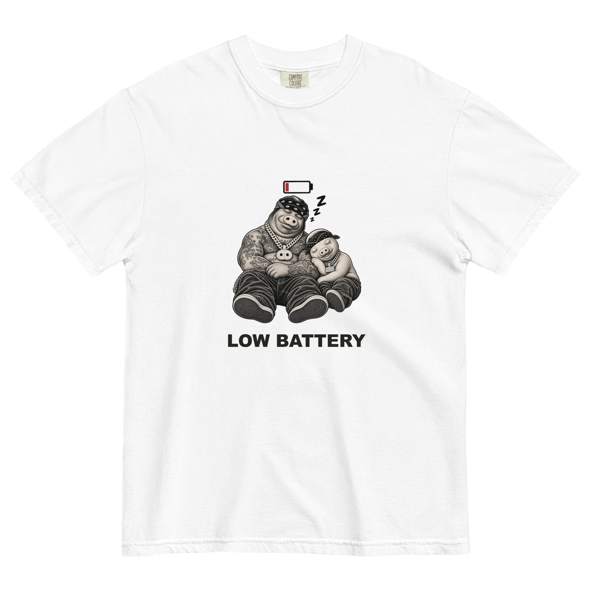 Low Battery — Pig & Wiglet Heavyweight Tee in White, front view