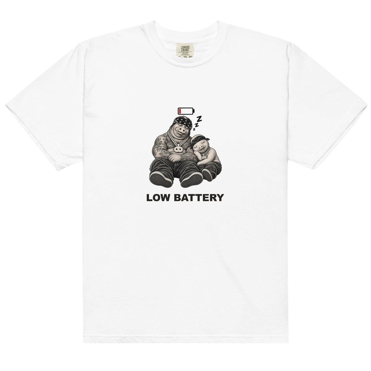 Low Battery — Pig & Wiglet Heavyweight Tee in White, front view
