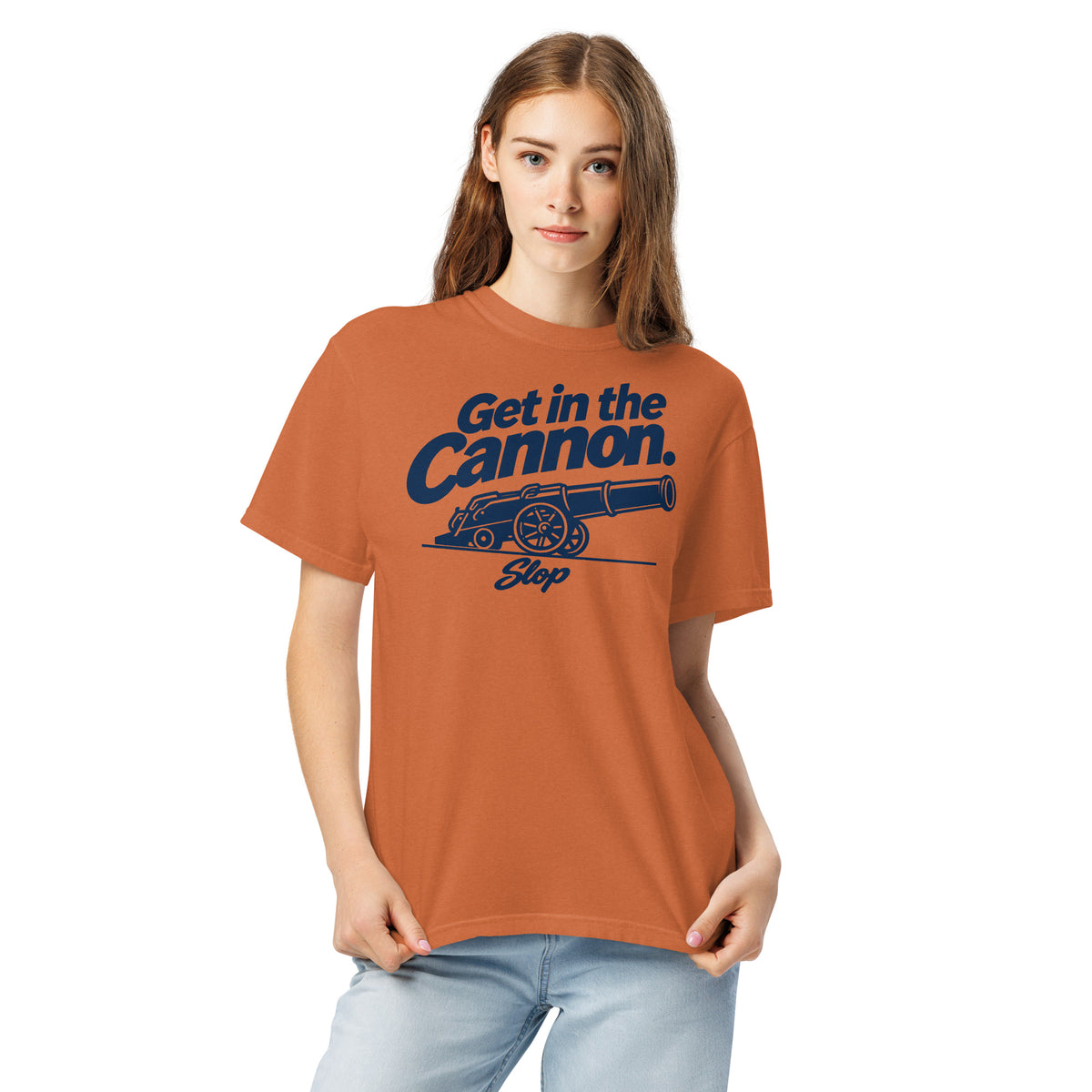 Woman wearing the Get in the Cannon Tee in Yam