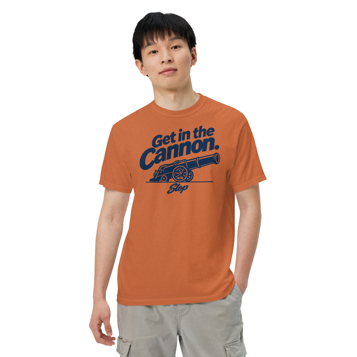 Man wearing the Get in the Cannon Tee in Yam